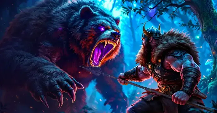 Axe Casino welcome offer artwork with a Viking facing a giant bear Axe Casino welcome offer artwork with a Viking facing a giant bear
