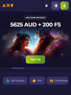 Axe lobby on a phone browser with the welcome package banner Axe lobby on a phone browser with the welcome package banner